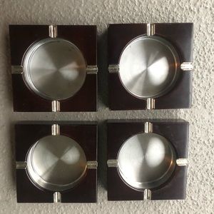 Midcentury Cherrywood & Stainless Steel Set of 4 Ashtrays